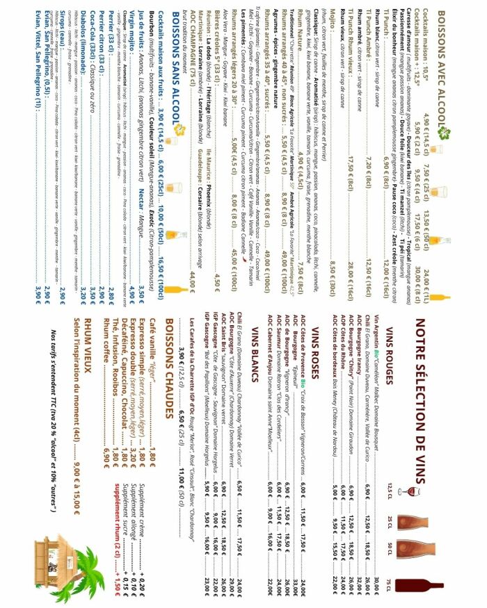 Menu boisson La Charrette Créole